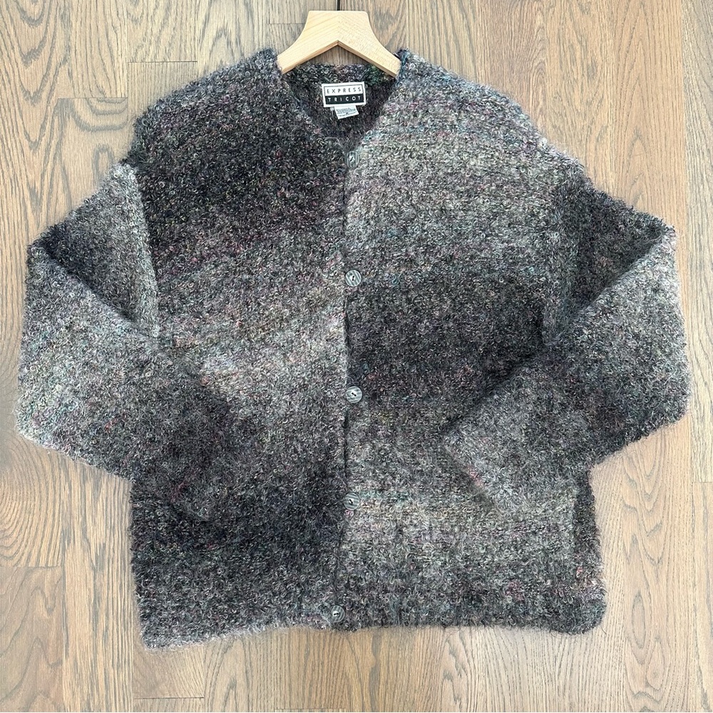 Vintage Express Tricot 90s Looped Mohair Blend Boxy Cardigan Grey and Purple S